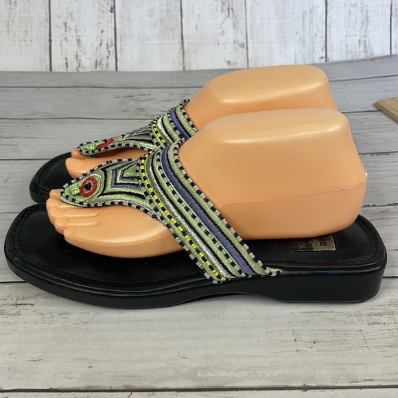 Viintage Beaded Embroidered Thong Square Toe Leather Sandal - Picture 12 of 14